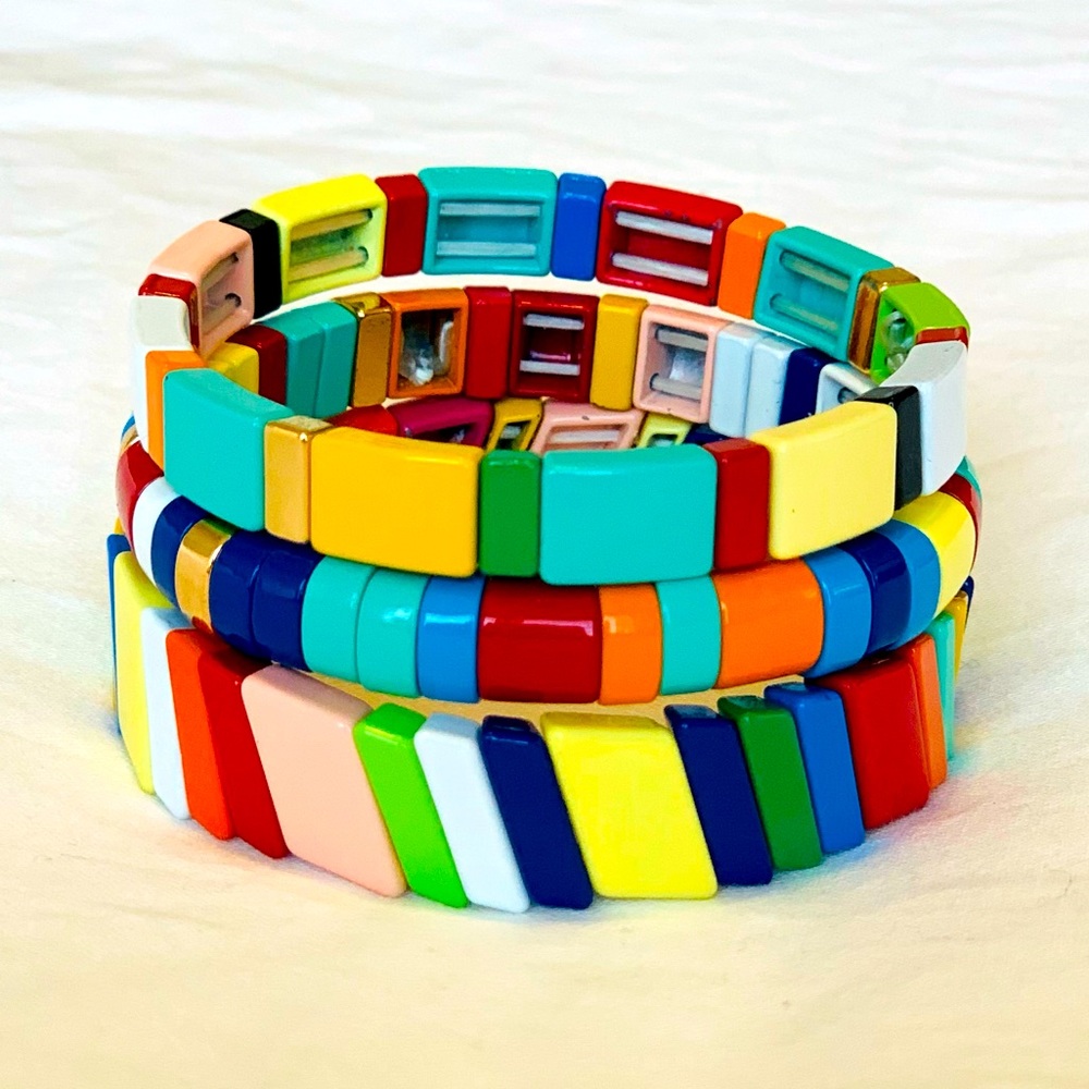 Enamel tile bracelet stack layering bracelet set multi-color elastic